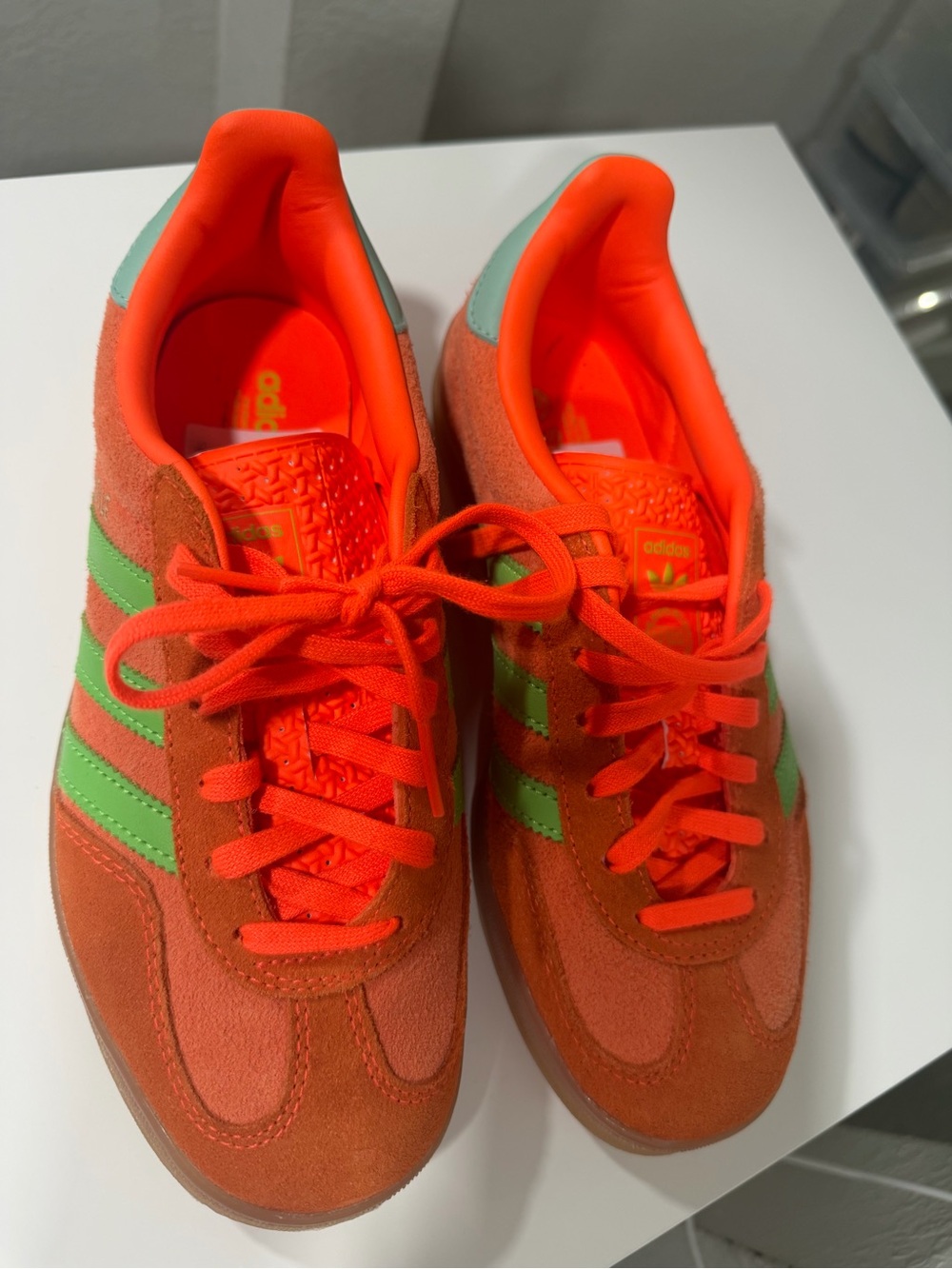 adidas Kids Bright Orange Suede Sneakers with Green Stripes